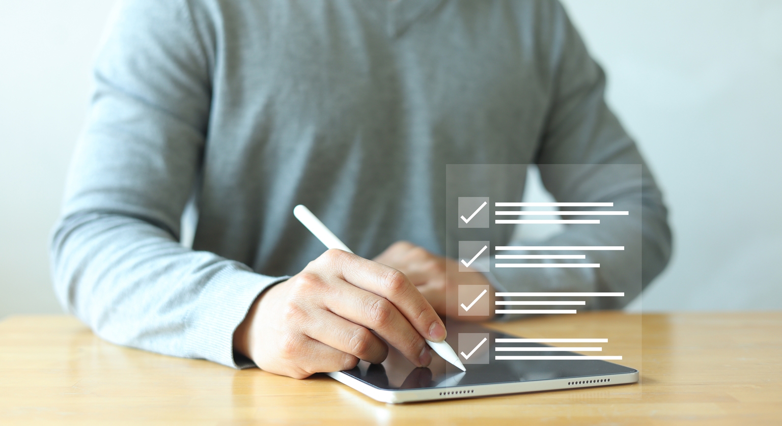 businessman hand check mark on virtual online questionnaire survey from website to rate score and share aspect of audience after complete from seminar for business corporation concept