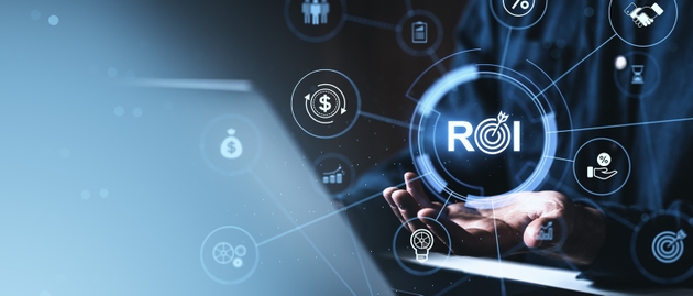 Business hand with digital ROI interface and futuristic finance icons around it in a technology themed environment highlighting investment insights.