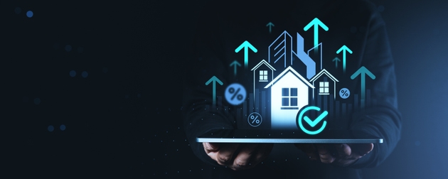 Smart real estate investment growth concept with digital housing icons and arrows hovering above a tablet held in hands on a dark gradient background.