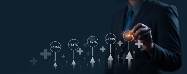 Businessman presenting financial growth chart with increasing percentage indicators, illustrating business performance, revenue growth, profit increase, data analytics, and strategic planning.
