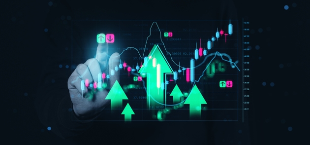 Rising forex and crypto market concept with hand interacting with financial chart on futuristic digital background showing investment growth trend.