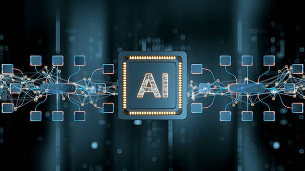 Ai text on abstract digital CPU chip concept. AI technology. Deep learning. AI Neural Network data nodes.