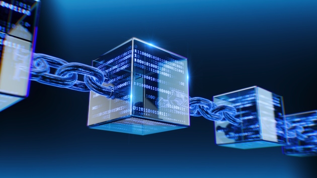 Blockchain technology concept - data cells with binary code and binary chain - 3d rendering