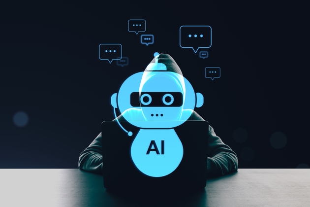 Silhouetted person using laptop with glowing chatbot icon and speech bubbles on dark background illustrating digital communication concept.