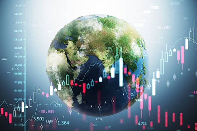 Global economy earth globe with financial market chart overlays reflecting digital trade growth and investment trends worldwide. 3D Rendering