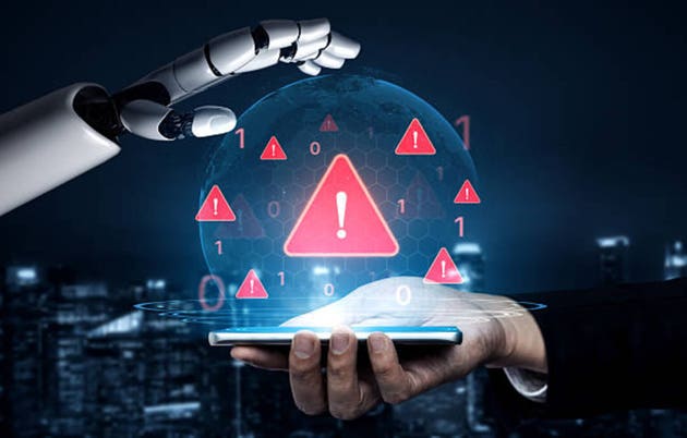 Futuristic Robot Hand Reaching Toward Digital Globe with Alert Signs Representing Cybersecurity Threats in Urban Environment