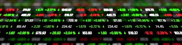 Abstract stock exchange ticker tape, prices and percentage changes, market data.