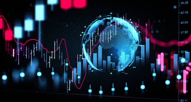 Global financial trading chart with glowing digital globe, rising bars and dynamic market indicators illustrating modern investment analytics.
