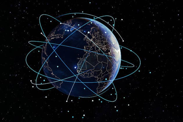 high-tech digital illustration of planet Earth from space, surrounded by glowing orbital lines, data network connections, and satellite nodes against a dark, starry cosmos background