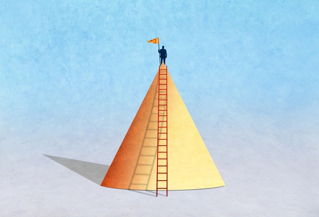 Man Planting Flag On Top Of Mountain