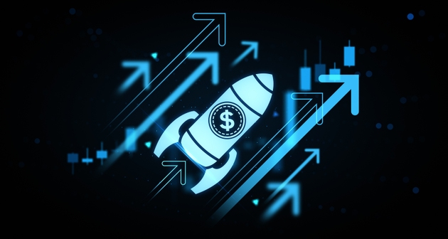 Rocket with dollar symbol soaring among upward arrows on glowing digital background showing strong finance growth concept illustration.. 3D Rendering