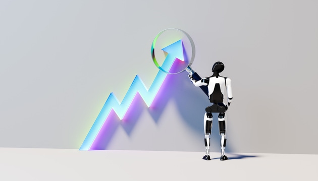 Humanoid robot magnifying vibrant blue upward trending graph symbolizing AI-powered insight into future growth opportunities
