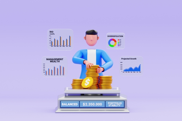 Investor managing wealth with balanced portfolio 3d illustration
