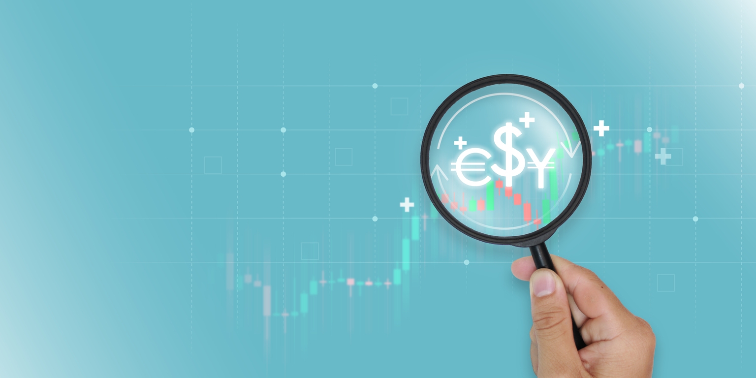 Currency exchange analysis, trend magnifying glass over forex symbols and financial chart. Global trading, investment research, market trends, economic growth and business finance.