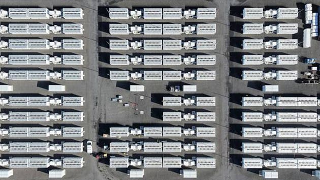 Aerial view of data center containers in large facility
