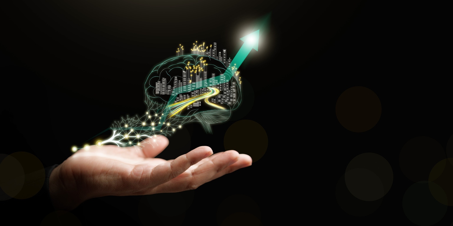Hand holds AI brain with smart city skyline, digital neural network, upward growth arrow. Technology growth, artificial intelligence, innovation, digital transformation, future business, smart tech.