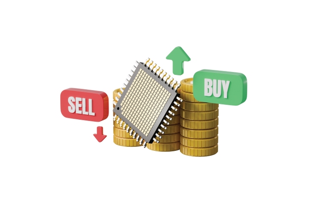 3d ai chip trading icon. semiconductor investment concept. minimal cartoon buy sell arrows coin stacks for finance marketing. isolated on white transparent background. 3d render.