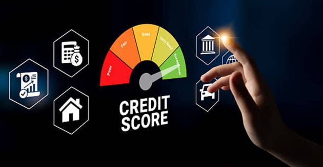 Digital Interface for Credit Score Evaluation with Interactive Elements, Financial Data, and Various Score Ranges Indicating Financial Health Ledger