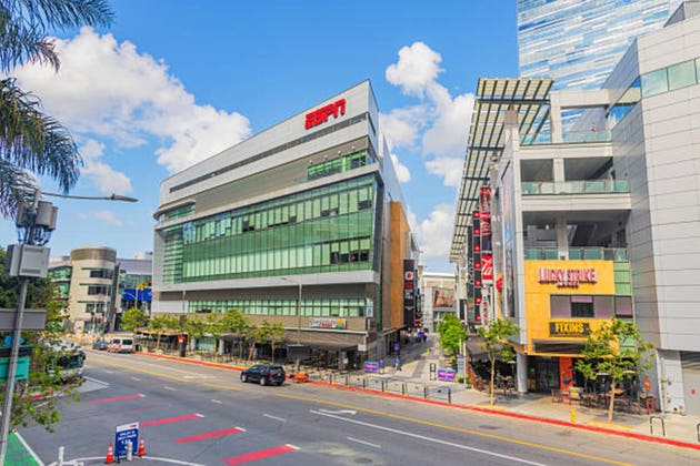 Crypto.com Arena, ESPN LA studios and LA Live entertainment district in Downtown Los Angeles, California