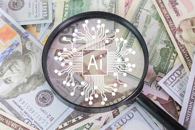 Artificial intelligence in finance and fintech concept. Magnifying glass with a white AI microchip graphic resting on a pile of US dollar bills for smart investment analysis.