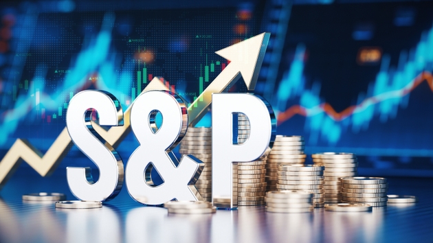 S&P Index With Rising Arrow And Coins Representing Stock Market Growth And Investment Success