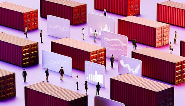 Aerial logistics yard mixes shipping containers analysts and glowing graph panels on violet ground