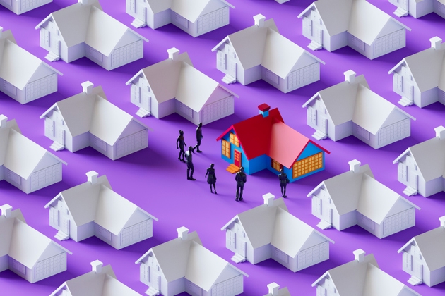 Mortgage Real Estate Concept Of Colorful House Among White Houses For Housing Market Choice