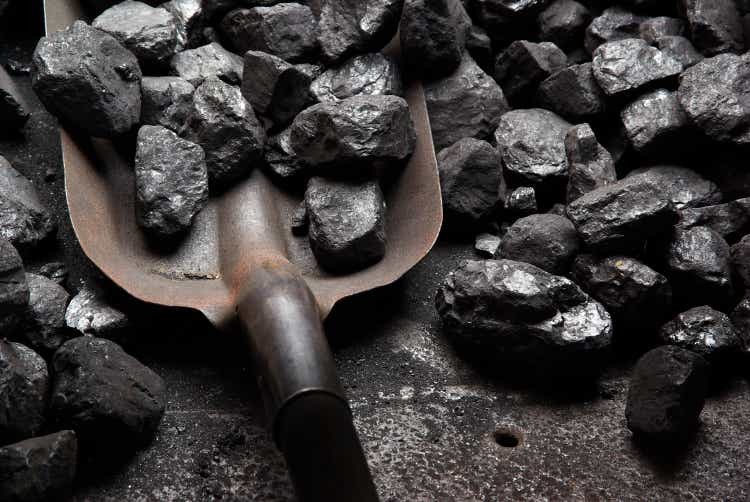 Close-up of shoveling black coal