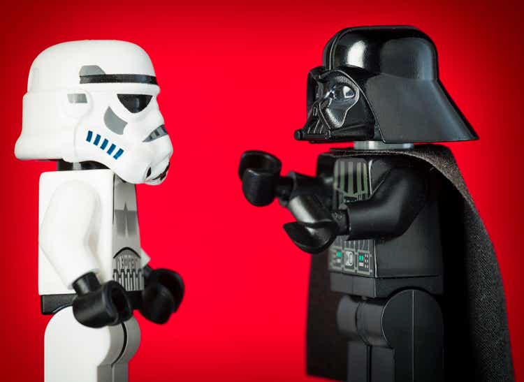 Darth Vader Lego Figurine Commanding a Stormtrooper