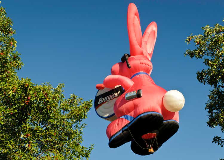 Energizer Bunny hot air balloon at sunrise over treetops