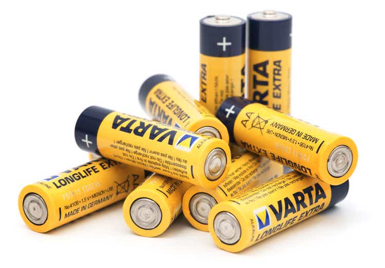 Yellow Varta batteries pile isolated on white