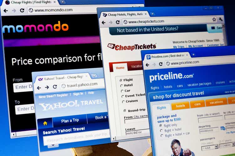 Online travel websites on computer screen.