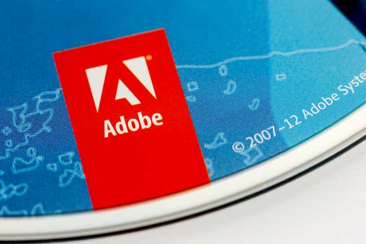Close-up of Adobe Systems logo on blue Photoshop CS6 disc