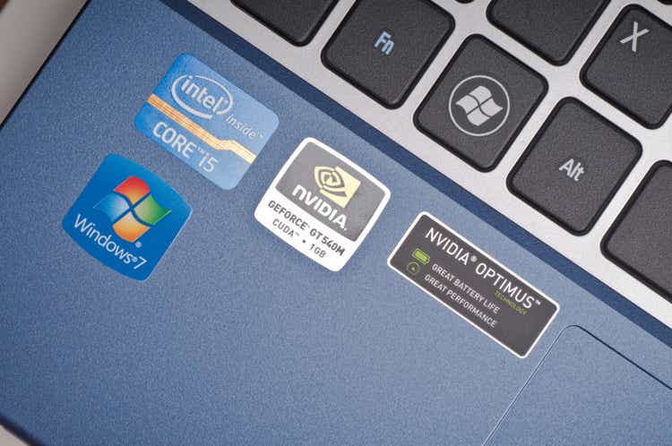 Windows, Intel and nvidia sticker on laptop computer