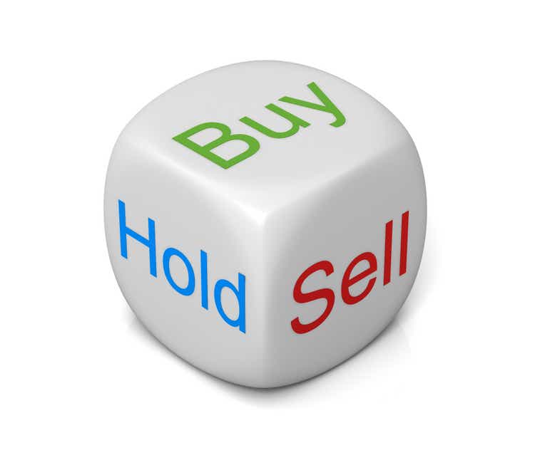 A cube with the words buy, sell, and hold