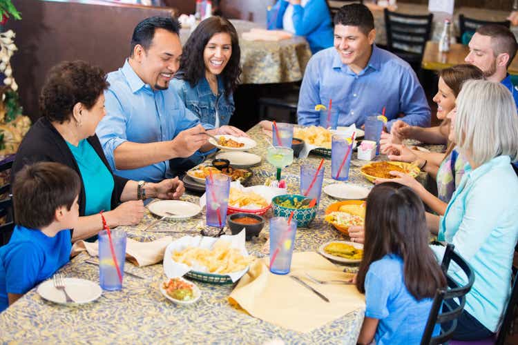 Large extended family having meal together in Mexican restaurant