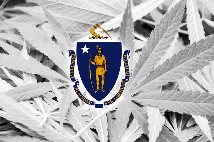 Massachusetts State Flag on cannabis background. Drug policy.