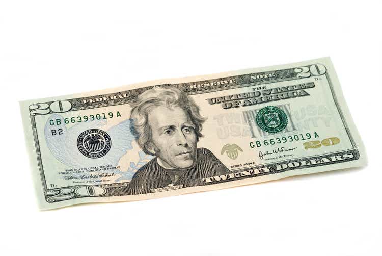 Twenty dollar bill, American currency on white background