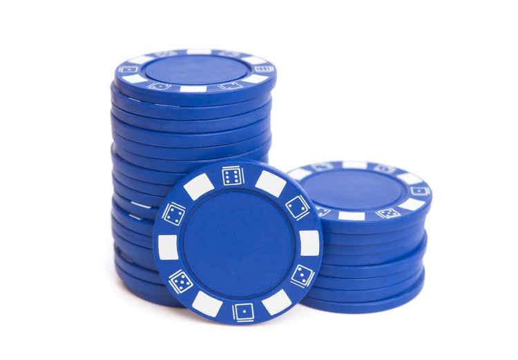 two stacks of blue poker chips with clipping path