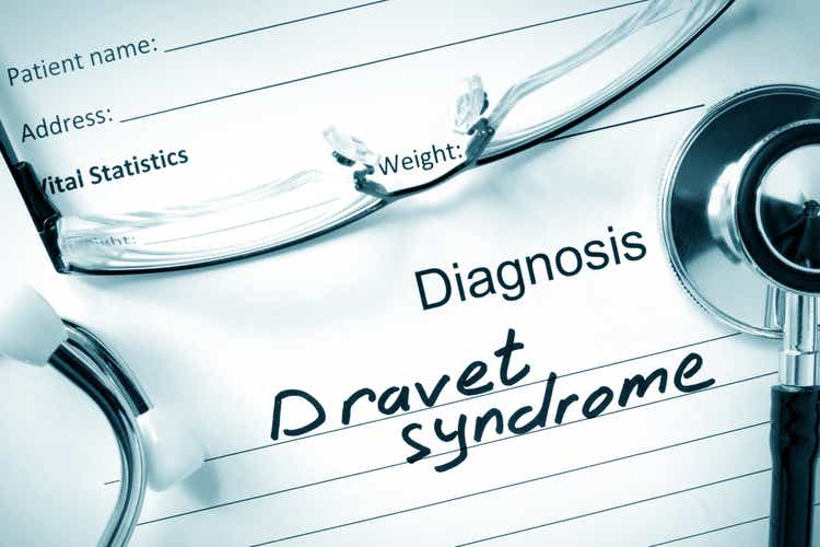 Diagnostic form with diagnosis Dravet syndrome and pills.