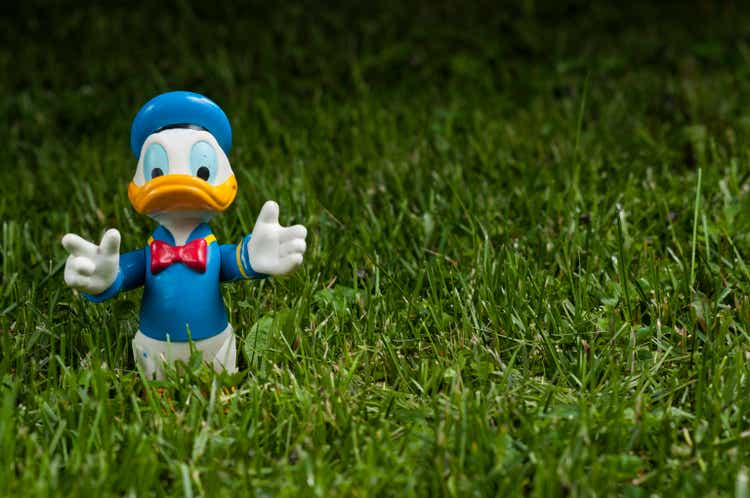 Donald Duck opened arms on green grass