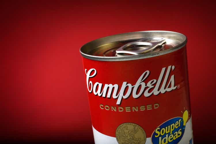 Close-Up of a Sealed Campbell"s Soup Can on Red Background