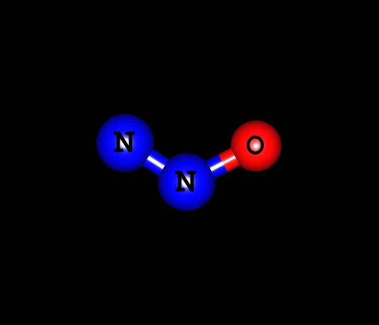 Nitrous oxide molecular structure isolated on black