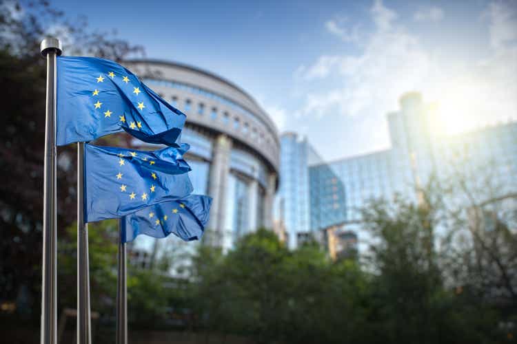 European Union flags against parliament in Brussels