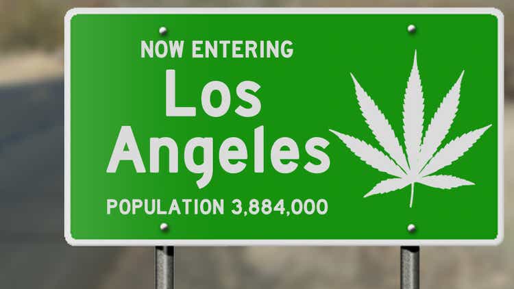 Los Angeles highway sign with marijuana leaf