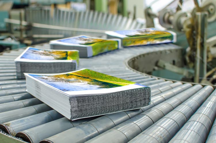 Book, magazine, catalog production line into press plant house.
