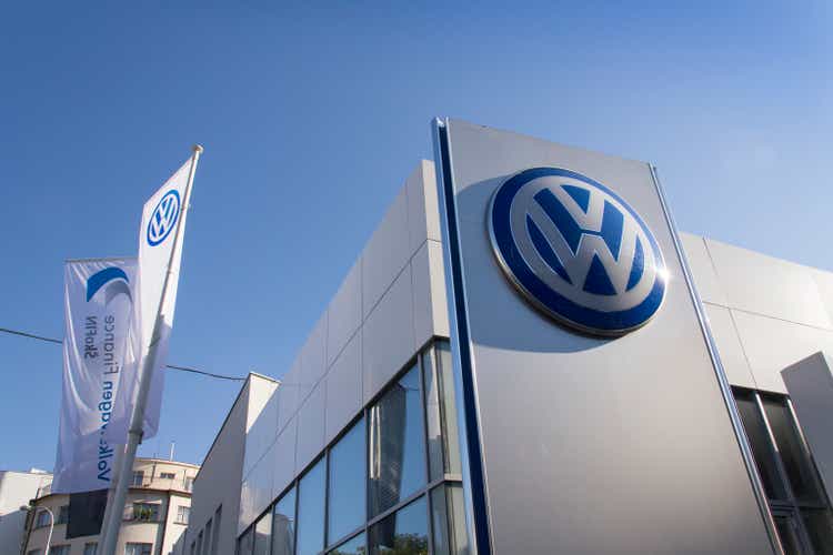 Volkswagen car maker logo on a building of czech dealership