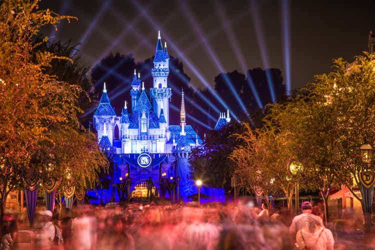 Disneyland 60th aniversary castle with people walking