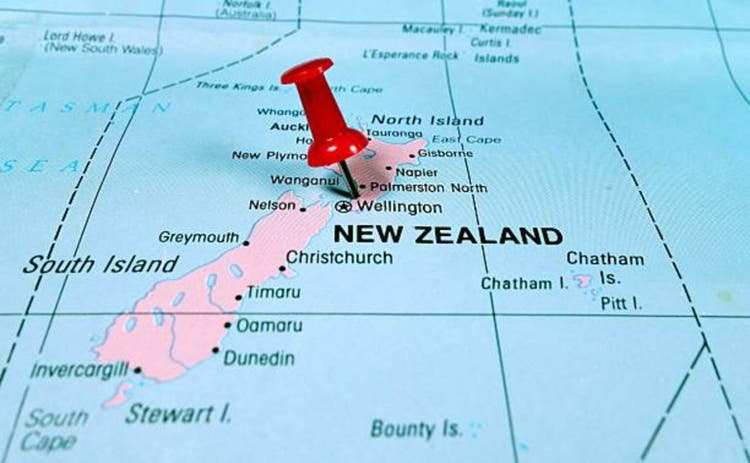 Pushpin marking on New Zealand map
