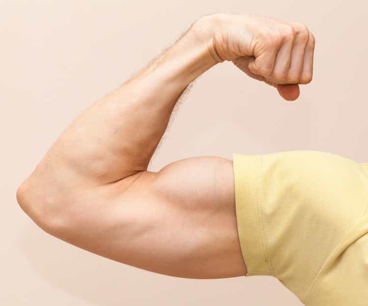 Strong male arm shows biceps. Close-up photo